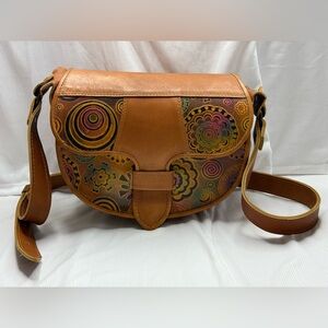 Saddle bag, leather crossbody with floral design on the front, hand painted